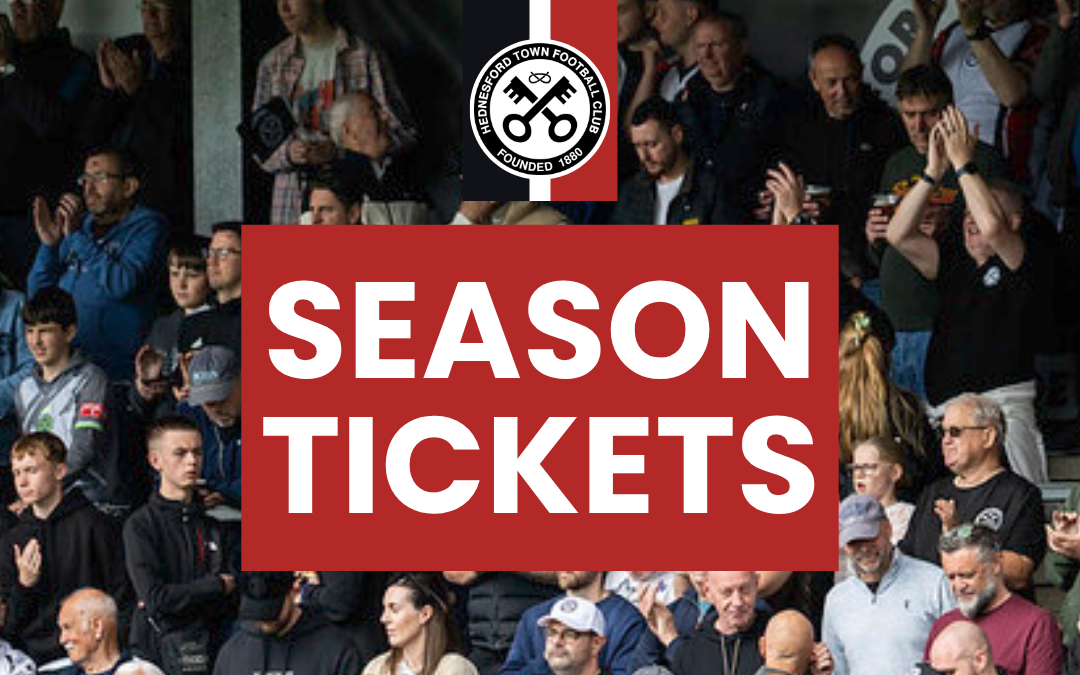 Fans in stand with badge and large text saying Season Tickets